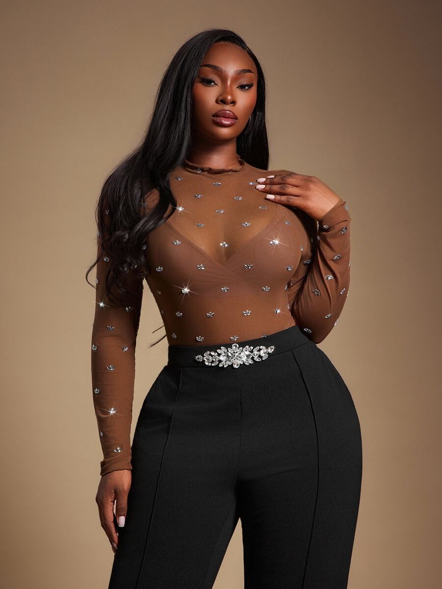 Radiana Plus Size Women's Chocolate Brown Mesh See Through Top,Handmade Rhinestone Decoration Sheer Bling Tights Top,Autumn Classy Night Out Club Party Wear