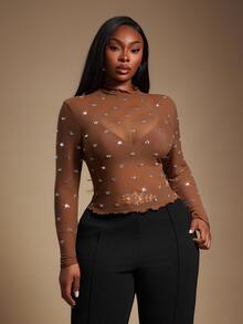 Radiana Plus Size Women's Chocolate Brown Mesh See Through Top,Handmade Rhinestone Decoration Sheer Bling Tights Top,Autumn Classy Night Out Club Party Wear - Brown - View 5
