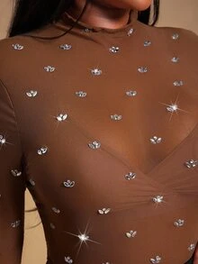 Radiana Plus Size Women's Chocolate Brown Mesh See Through Top,Handmade Rhinestone Decoration Sheer Bling Tights Top,Autumn Classy Night Out Club Party Wear - Brown - View 3