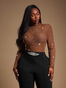 Radiana Plus Size Women's Chocolate Brown Mesh See Through Top,Handmade Rhinestone Decoration Sheer Bling Tights Top,Autumn Classy Night Out Club Party Wear - Brown - View 6