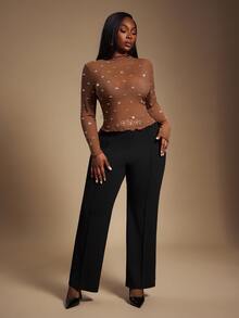 Radiana Plus Size Women's Chocolate Brown Mesh See Through Top,Handmade Rhinestone Decoration Sheer Bling Tights Top,Autumn Classy Night Out Club Party Wear - Brown - View 4