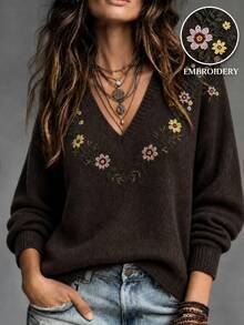 LUMIGAL Women's Autumn/Winter Casual Floral Embroidered Sweater - Beige - View 1