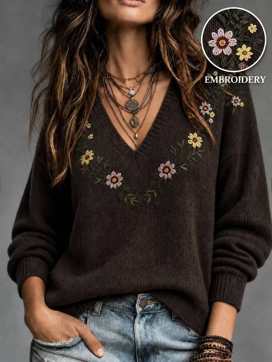 LUMIGAL Women's Autumn/Winter Casual Floral Embroidered Sweater - Beige - View 1