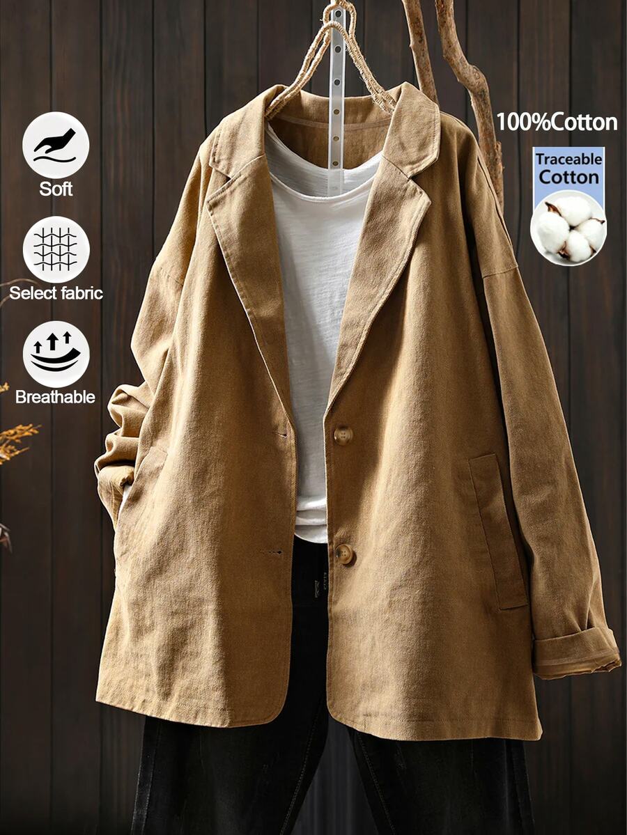 Linhara Jaket Trench Coat Wanita Ukuran Besar untuk Musim Gugur, Minimalis, Kerah Longgar, Bahu Jatuh, Saku, Bagian Depan Terbuka, Nyaman untuk Sehari-hari, Serbaguna - Khaki - View 1