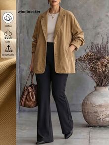 Linhara Jaket Trench Coat Wanita Ukuran Besar untuk Musim Gugur, Minimalis, Kerah Longgar, Bahu Jatuh, Saku, Bagian Depan Terbuka, Nyaman untuk Sehari-hari, Serbaguna - Khaki - View 7