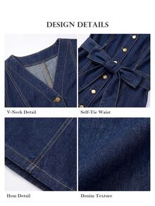 ELLERISSA Plus Size Dark Wash V Neck Short Sleeve Button Front Tie Waist Denim Mini Dress - Dark Wash - View 6