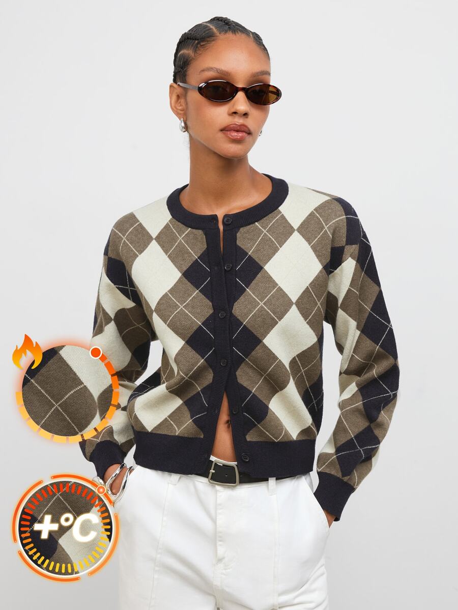 Maija Women's Plaid Cardigan Sweater, Long Sleeve, Round Neck, Urban Vintage Casual Preppy Dark Academia, Autumn Office Black And Cream - Brown - View 1