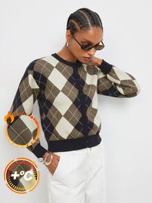 Maija Women's Plaid Cardigan Sweater, Long Sleeve, Round Neck, Urban Vintage Casual Preppy Dark Academia, Autumn Office Black And Cream - Brown - View 2