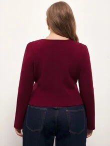 Maija Plus Size Women's Solid Color Crew Neck Long Sleeve Casual Sweater - Burgundy - View 2