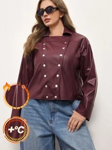 Maija 大尺碼時尚街頭風工裝反社交休閒鈕扣長袖PU材質夾克 酒紅色 秋冬 夜店外出派對雞尾酒會 - 酒紅色 - 查看 9