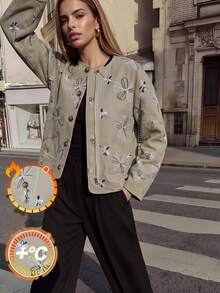 Maija Sage Green Fall/ Women's Embroidered Wool Jacket With Pleated Hem, Urban Elegant Casual Holiday Style Everyday Party - Army Green - View 1