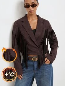 Maija Short Jacket With Fringe, Urban Style Western, Fall Night Out Concert Dark Brown - Brown - View 7