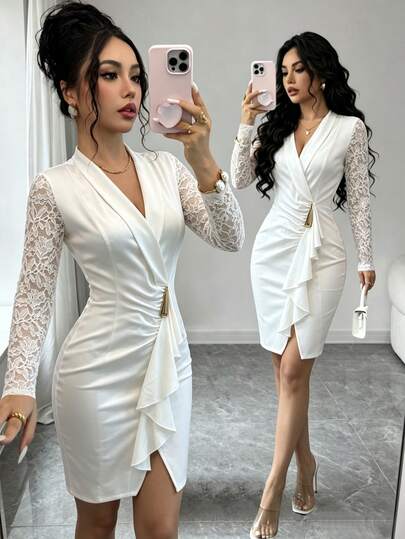 SHEIN Raffinéa Vestido corto blanco ajustado de mujer para principios de otoño, nuevo, con cuello en V, solapa, volantes, plisado, patchwork de encaje, manga larga y cintura ceñida
