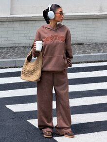Muchica Women's Autumn/Winter New Brown Knit Thermal Lined Letter Embroidered Casual Loose Hooded Sweatshirt & Sweatpants Set - Brown - View 7