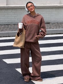 Muchica Women's Autumn/Winter New Brown Knit Thermal Lined Letter Embroidered Casual Loose Hooded Sweatshirt & Sweatpants Set - Brown - View 6