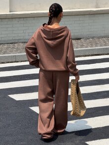 Muchica Women's Autumn/Winter New Brown Knit Thermal Lined Letter Embroidered Casual Loose Hooded Sweatshirt & Sweatpants Set - Brown - View 2