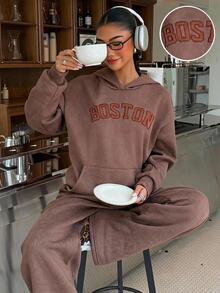 Muchica Women's Autumn/Winter New Brown Knit Thermal Lined Letter Embroidered Casual Loose Hooded Sweatshirt & Sweatpants Set - Brown - View 4