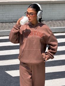 Muchica Women's Autumn/Winter New Brown Knit Thermal Lined Letter Embroidered Casual Loose Hooded Sweatshirt & Sweatpants Set - Brown - View 8