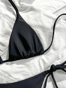 SHEIN Swim 純色三角罩杯掛脖比基尼套裝，繫帶低腰泳衣，露背分體式泳衣，適合海灘派對、溫泉，黑色性感夏季款 - 黑色 - 查看 9