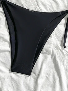 SHEIN Swim 純色三角罩杯掛脖比基尼套裝，繫帶低腰泳衣，露背分體式泳衣，適合海灘派對、溫泉，黑色性感夏季款 - 黑色 - 查看 10