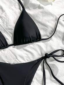 SHEIN Swim 純色三角罩杯掛脖比基尼套裝，繫帶低腰泳衣，露背分體式泳衣，適合海灘派對、溫泉，黑色性感夏季款 - 黑色 - 查看 8