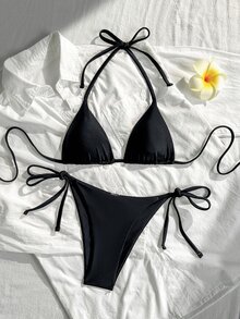 SHEIN Swim 純色三角罩杯掛脖比基尼套裝，繫帶低腰泳衣，露背分體式泳衣，適合海灘派對、溫泉，黑色性感夏季款 - 黑色 - 查看 7