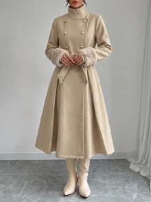 Elenzga Women Overcoats Office Official Commuting Beige Elegant Faux Fur Splicing Waist‑Cinching Long‑Style Autumn - Camel - View 5