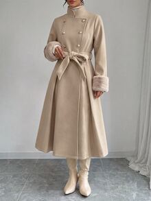 Elenzga Women Overcoats Office Official Commuting Beige Elegant Faux Fur Splicing Waist‑Cinching Long‑Style Autumn - Camel - View 6