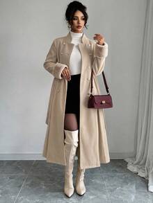 Elenzga Women Overcoats Office Official Commuting Beige Elegant Faux Fur Splicing Waist‑Cinching Long‑Style Autumn - Camel - View 4