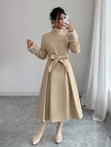 Elenzga Women Overcoats Office Official Commuting Beige Elegant Faux Fur Splicing Waist‑Cinching Long‑Style Autumn - Camel - View 3