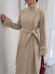 Elenzga Women Overcoats Office Official Commuting Beige Elegant Faux Fur Splicing Waist‑Cinching Long‑Style Autumn - Camel - View 7