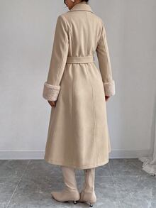 Elenzga Women Overcoats Office Official Commuting Beige Elegant Faux Fur Splicing Waist‑Cinching Long‑Style Autumn - Camel - View 2
