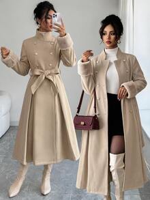 Elenzga Women Overcoats Office Official Commuting Beige Elegant Faux Fur Splicing Waist‑Cinching Long‑Style Autumn - Camel - View 1