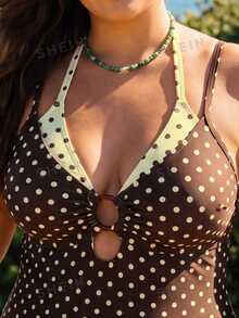 SHEIN Swim 2026新款大尺碼女款波點印花鏤空胸部設計高腰三角比基尼泳衣 - 彩色 - 查看 3