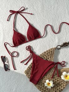 SHEIN Swim 女款純色三角罩杯掛脖比基尼套裝，附綁帶低腰泳褲，修身露背兩件式泳衣，適合海灘、度假、溫泉、攝影與游泳 - 中紫紅色 - 查看 7