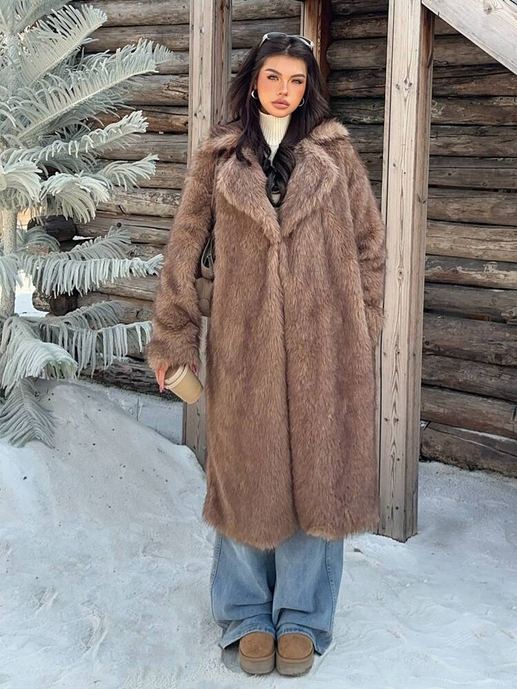 Muchica Women's New Winter Brown Faux Fur Mid-Length Coat With Lapel For Going Out, Streetwear, Fall Winter 2026 - Multicolor - View 1