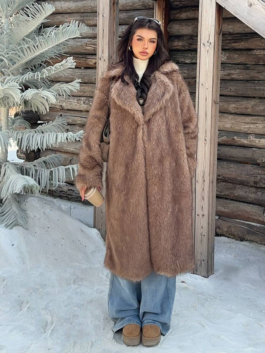 Muchica Women's New Winter Brown Faux Fur Mid-Length Coat With Lapel For Going Out, Streetwear, Fall Winter 2026 - Multicolor - View 1