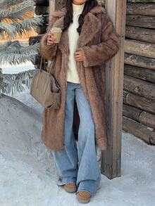Muchica Women's New Winter Brown Faux Fur Mid-Length Coat With Lapel For Going Out, Streetwear, Fall Winter 2026 - Multicolor - View 3