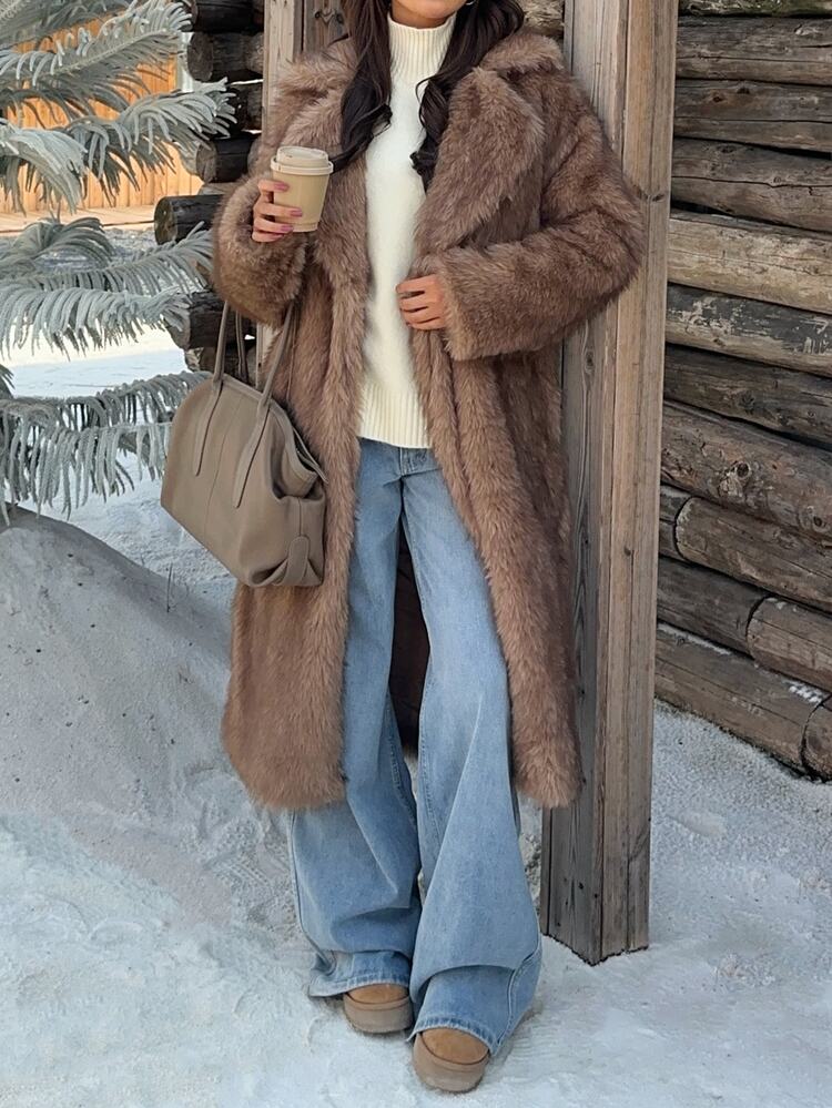 Muchica Women's New Winter Brown Faux Fur Mid-Length Coat With Lapel For Going Out, Streetwear, Fall Winter 2026 - Multicolor - View 3