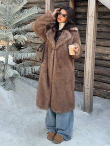 Muchica Women's New Winter Brown Faux Fur Mid-Length Coat With Lapel For Going Out, Streetwear, Fall Winter 2026 - Multicolor - View 5