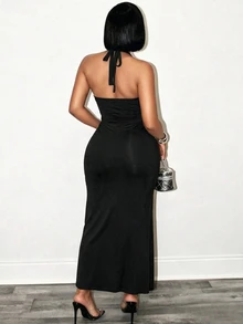 BamGleam Cut Out Twist Front Halter Neck Backless Split Thigh Dress Maxi Women Outfit - Black - View 3