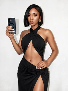 BamGleam Cut Out Twist Front Halter Neck Backless Split Thigh Dress Maxi Women Outfit - Black - View 6