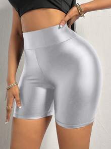 BamGleam Wideband High Waist PU Leather Biker Skinny Shorts - Silver - View 2
