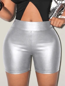 BamGleam Wideband High Waist PU Leather Biker Skinny Shorts - Silver - View 4