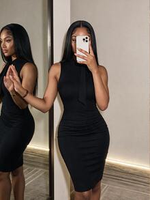 Zolique Women's Solid Color Sleeveless Simple Fitted Short Elegant Dress - Black - View 1
