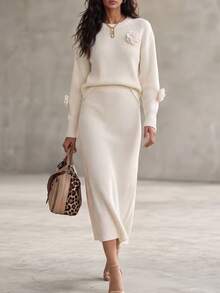 GlowEve Women's Solid Color 3D Floral Decor Sweater & Knit Skirt 2 Pieces Set - Apricot - View 8