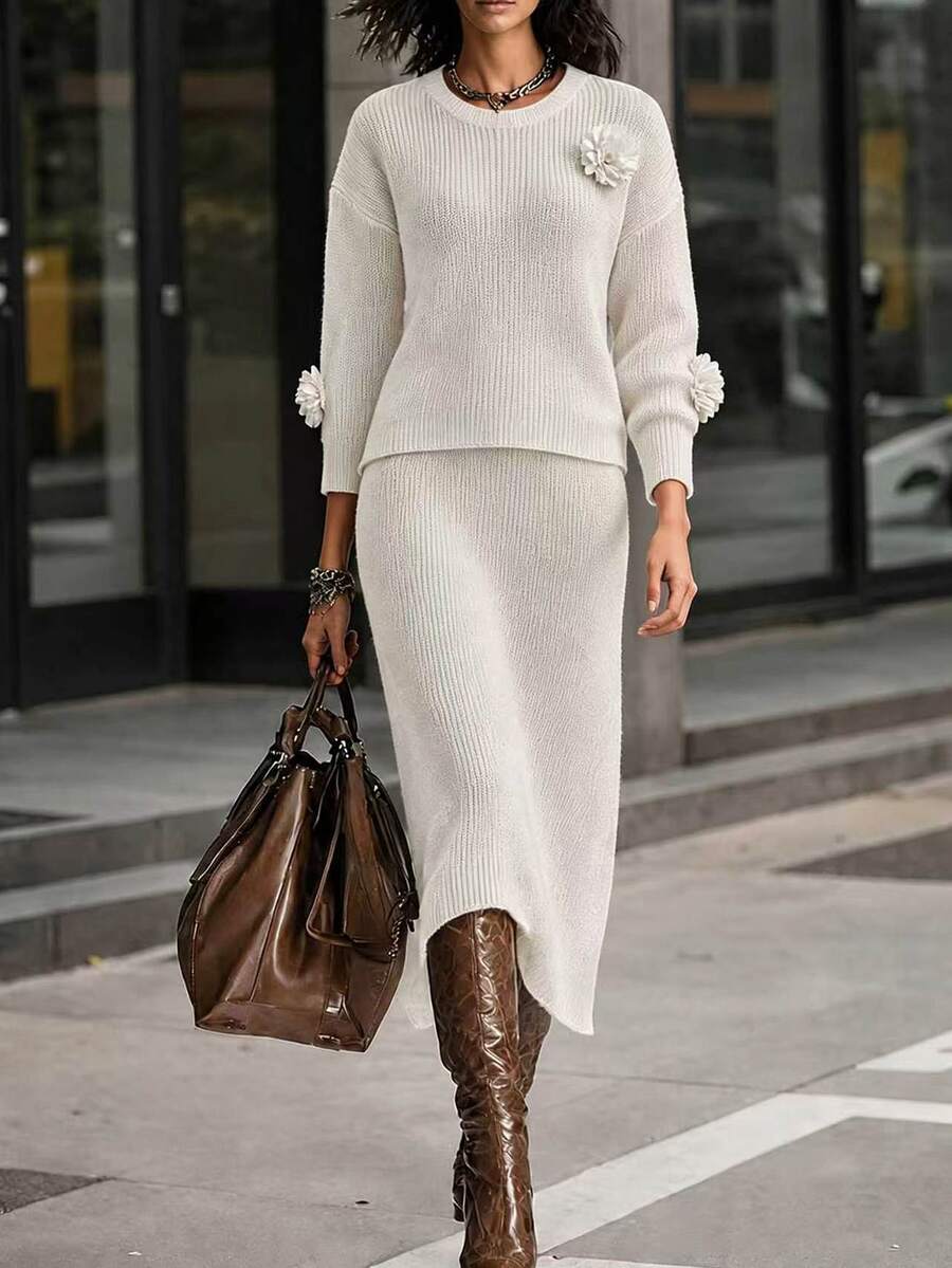 GlowEve Women's Solid Color 3D Floral Decor Sweater & Knit Skirt 2 Pieces Set - Apricot - View 1