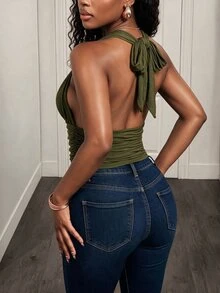 BamGleam Women's Sexy Deep V-Neck Backless Cropped Tank Top - Olive Green - View 3