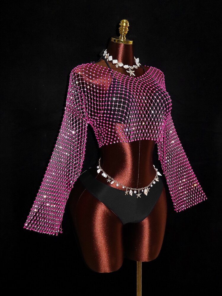 Swim SXY Women Y2k Sexy Rave Sheer Hot Pink Fishnet V Neck Long Sleeve Loose Bling Bling Going Out Club Summer Holiday Crop T Shirts Top Music Festival Party - Hot Pink - View 7