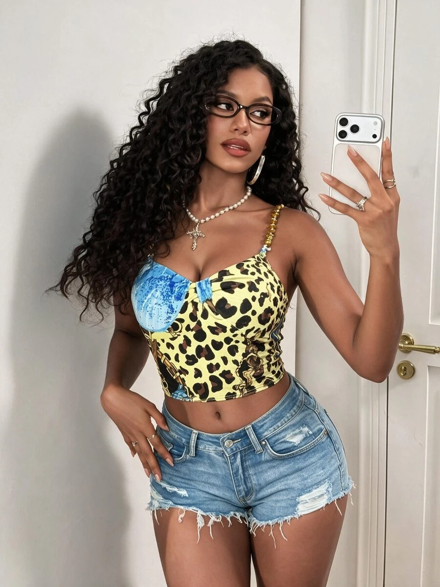 BamGleam Women's Blue Floral Print Cropped Camisole Top - Blue - View 1